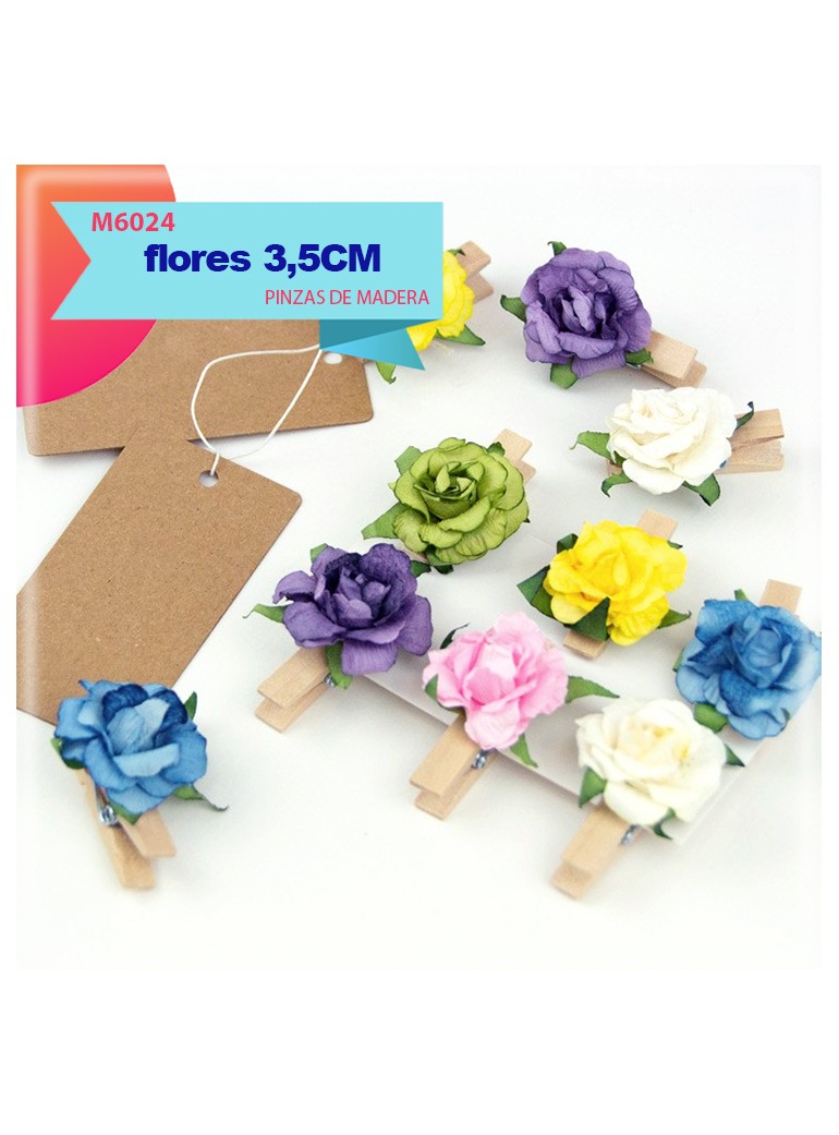 Mini pinzas de madera con flores y hojitas de papel 3,5cm