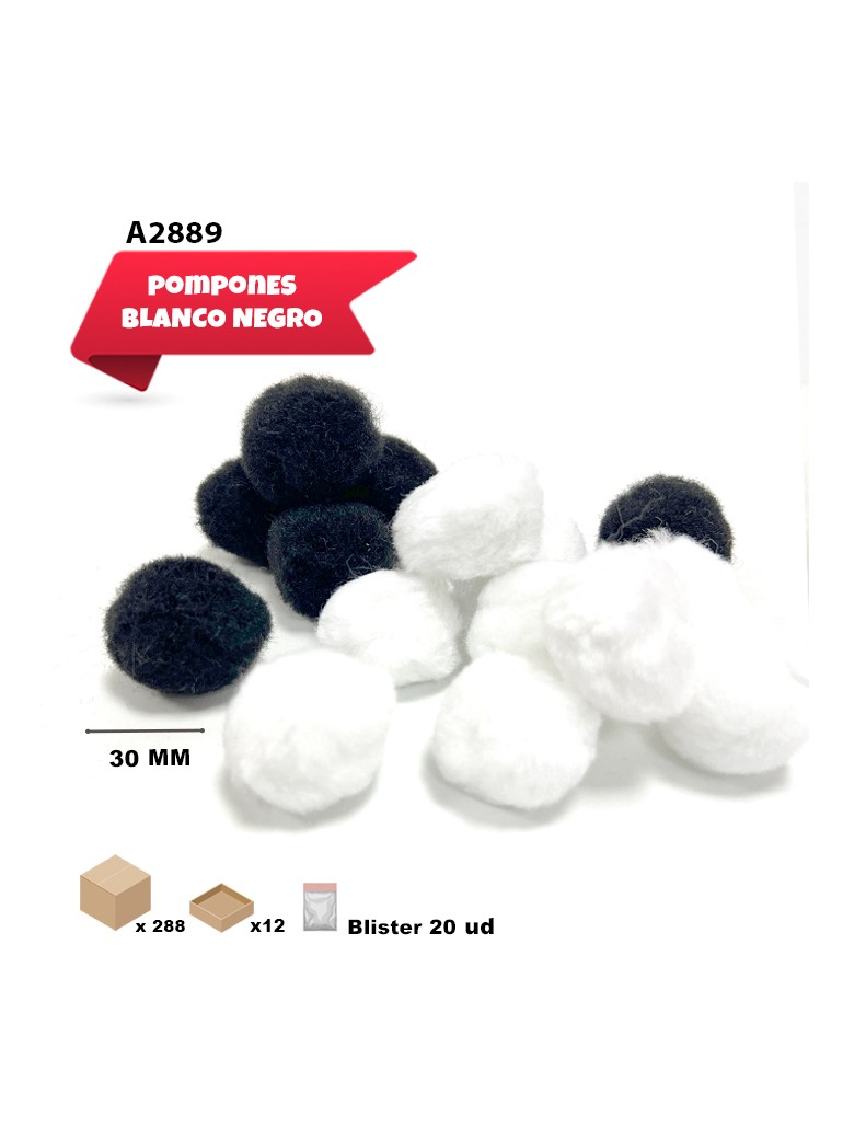POMPONES BLANCOS Y NEGROS 30MM